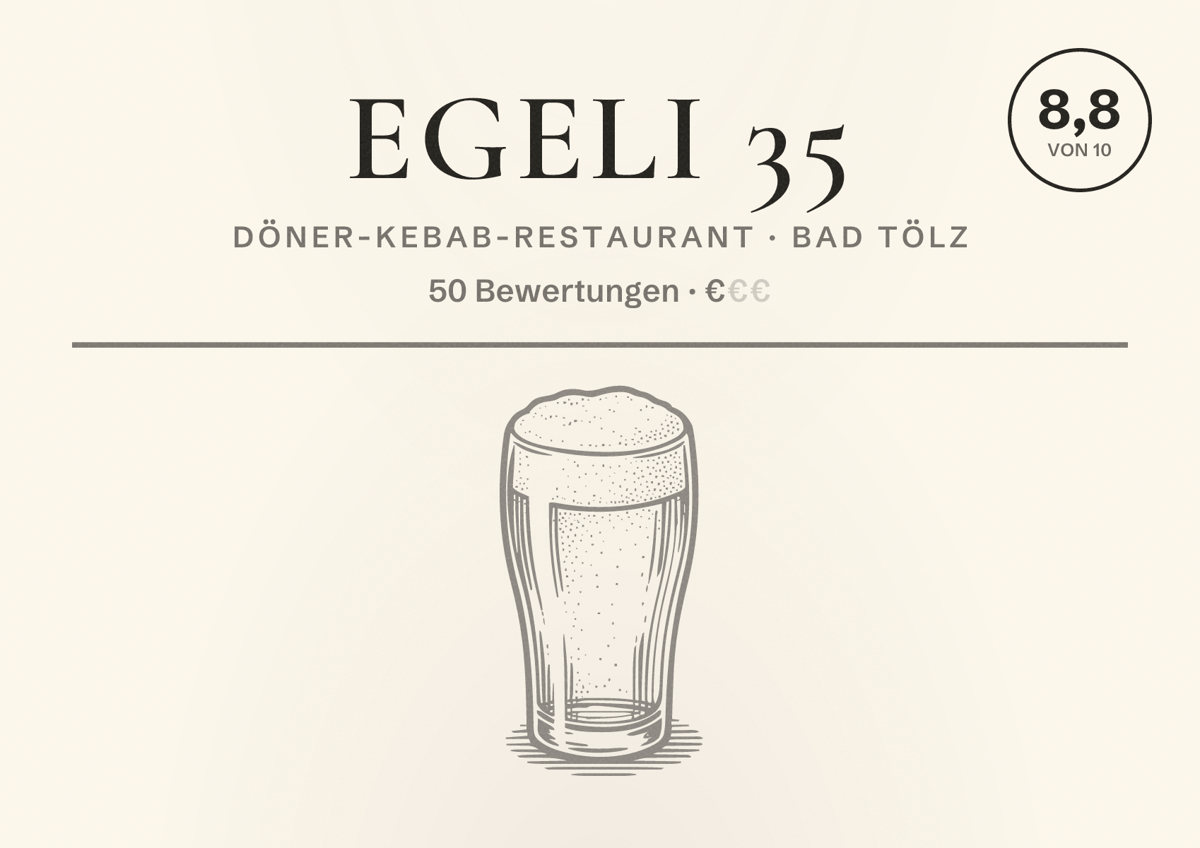 Illustriertes Poster von EGELI 35, Döner-Kebab-Restaurant in Bad Tölz: Bewertung 8,8 von 10 aus 50 Bewertungen, Preisniveau €