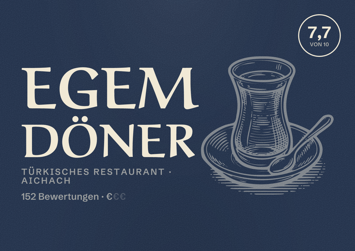 Illustriertes Poster von Egem Döner, Türkisches Restaurant in Aichach: Bewertung 7,7 von 10 aus 152 Bewertungen, Preisniveau €
