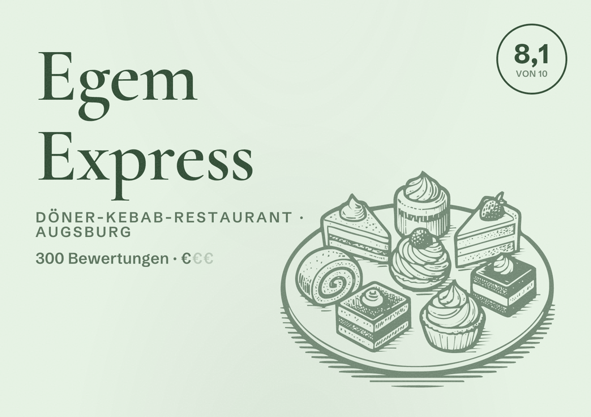 Illustriertes Poster von Egem Express, Döner-Kebab-Restaurant in Augsburg: Bewertung 8,1 von 10 aus 300 Bewertungen, Preisniveau €