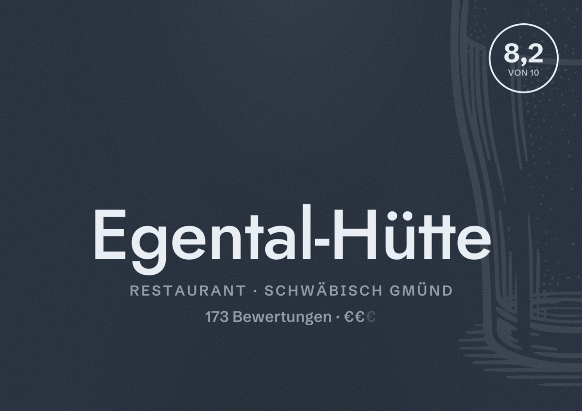Illustriertes Poster von Egental-Hütte, Restaurant in Schwäbisch Gmünd: Bewertung 8,2 von 10 aus 173 Bewertungen, Preisniveau €€