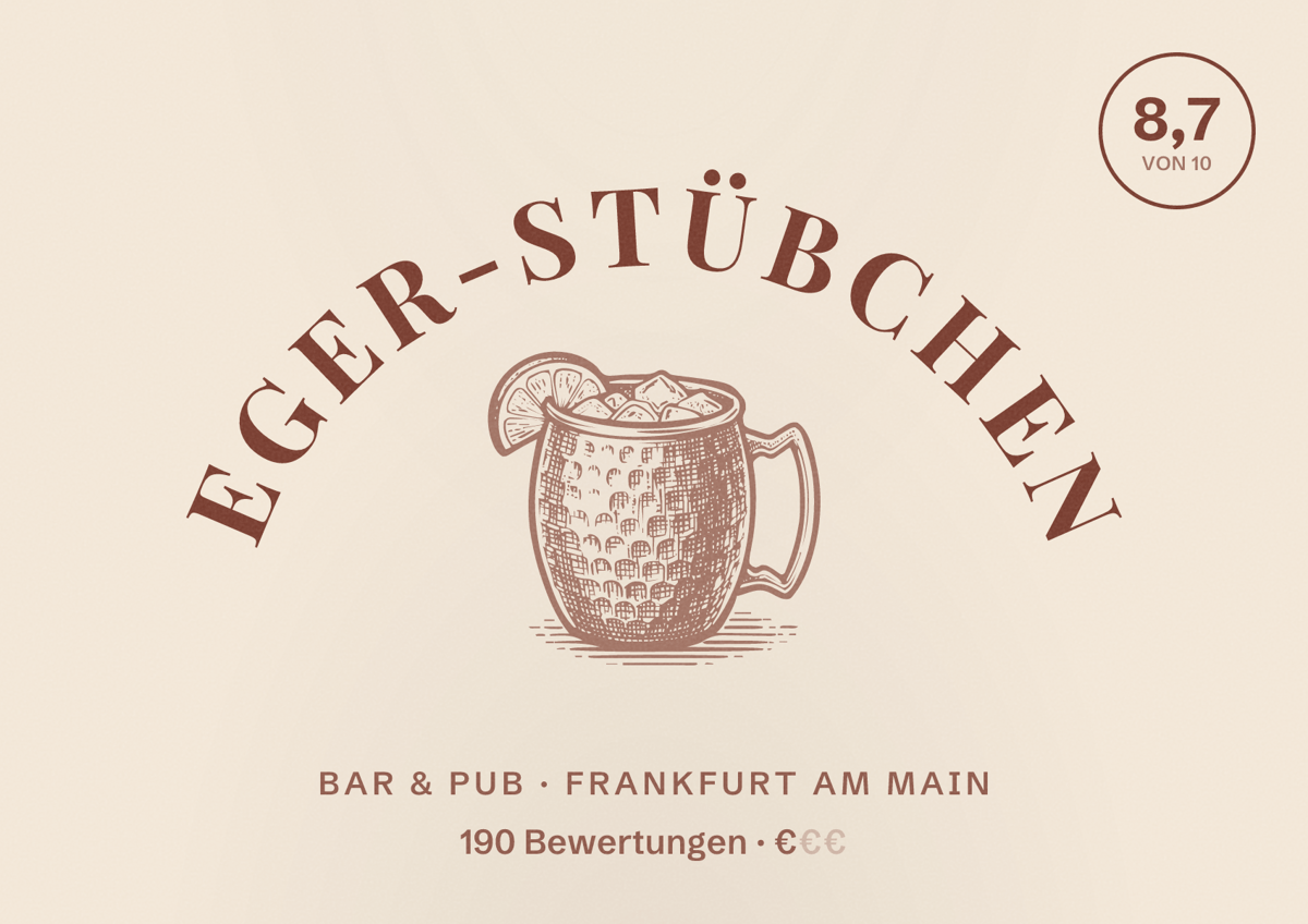 Illustriertes Poster von Eger-Stübchen, Bar & Pub in Frankfurt am Main: Bewertung 8,7 von 10 aus 190 Bewertungen, Preisniveau €