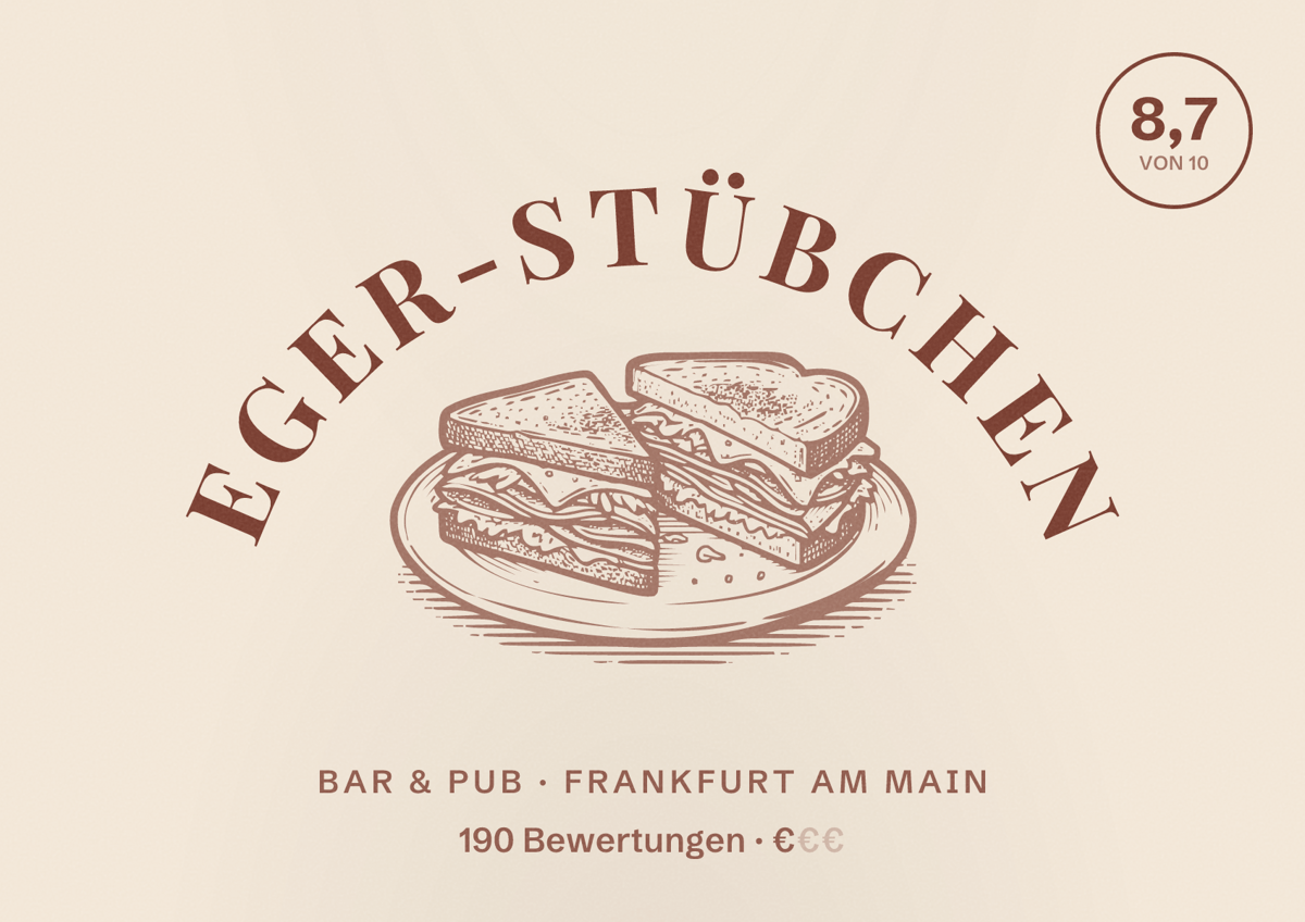 Illustriertes Poster von Eger-Stübchen, Bar & Pub in Frankfurt am Main: Bewertung 8,7 von 10 aus 190 Bewertungen, Preisniveau €