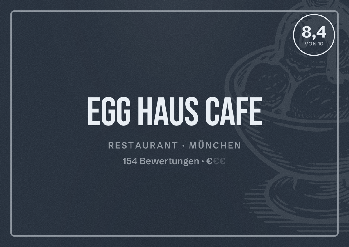 Illustriertes Poster von Egg Haus Cafe, Restaurant in München: Bewertung 8,4 von 10 aus 154 Bewertungen, Preisniveau €