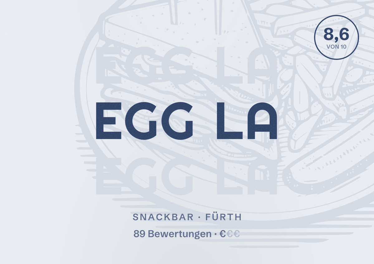 Illustriertes Poster von Egg La, Snackbar in Fürth: Bewertung 8,6 von 10 aus 89 Bewertungen, Preisniveau €