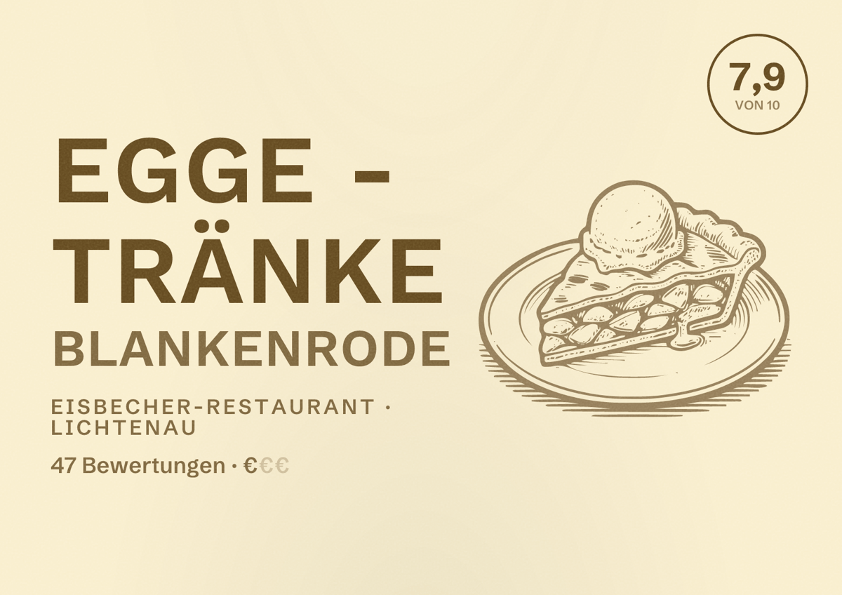 Illustriertes Poster von Egge - Tränke Blankenrode, Eisbecher-Restaurant in Lichtenau: Bewertung 7,9 von 10 aus 47 Bewertungen, Preisniveau €