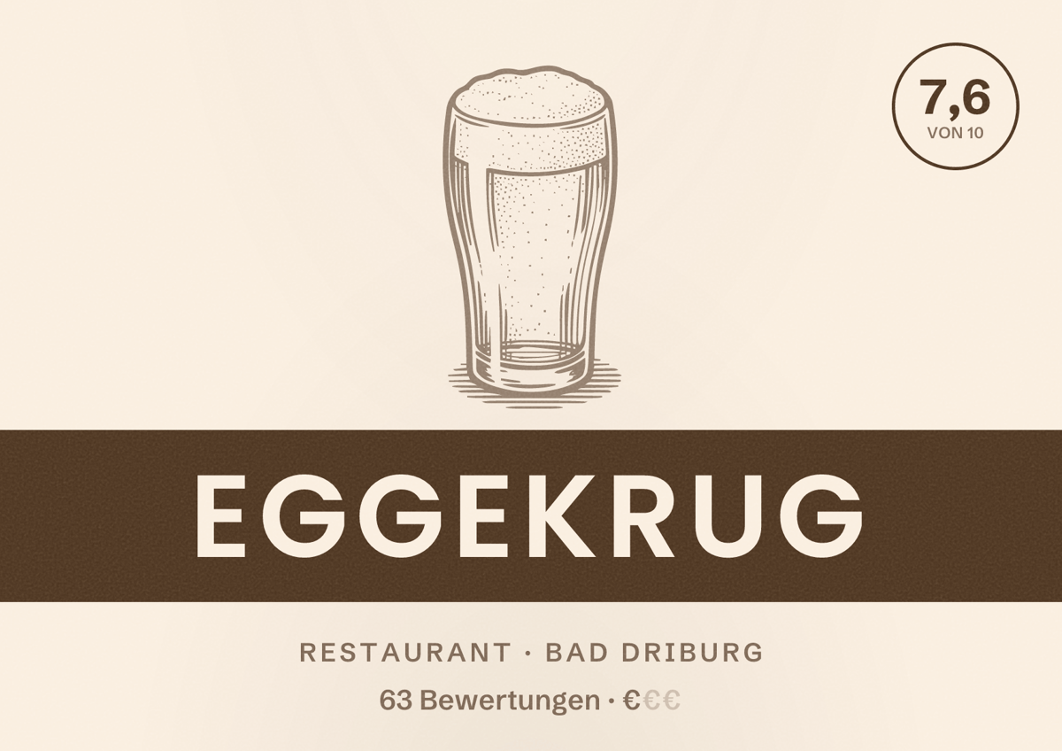 Illustriertes Poster von Eggekrug, Restaurant in Bad Driburg: Bewertung 7,6 von 10 aus 63 Bewertungen, Preisniveau €