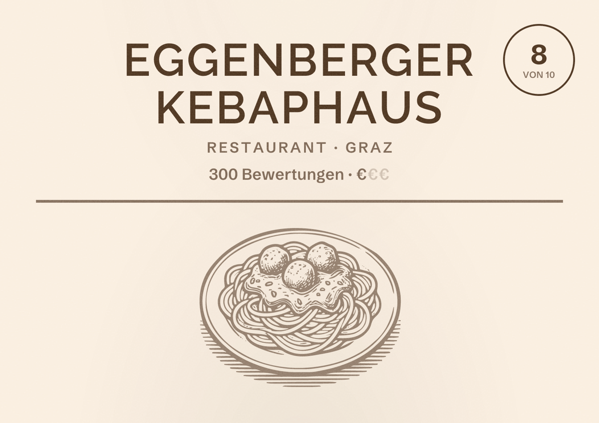 Illustriertes Poster von Eggenberger Kebaphaus, Restaurant in Graz: Bewertung 8 von 10 aus 300 Bewertungen, Preisniveau €