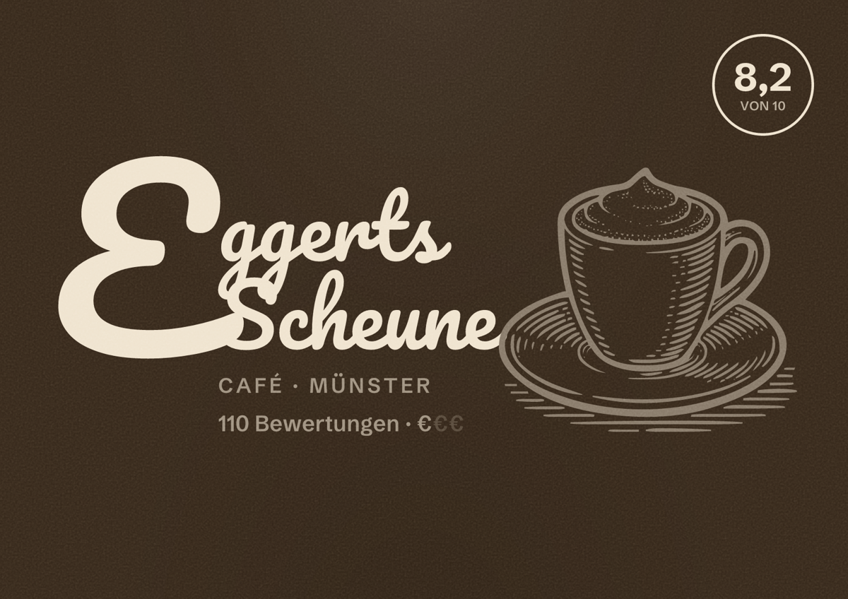 Illustriertes Poster von Eggerts Scheune, Café in Münster: Bewertung 8,2 von 10 aus 110 Bewertungen, Preisniveau €