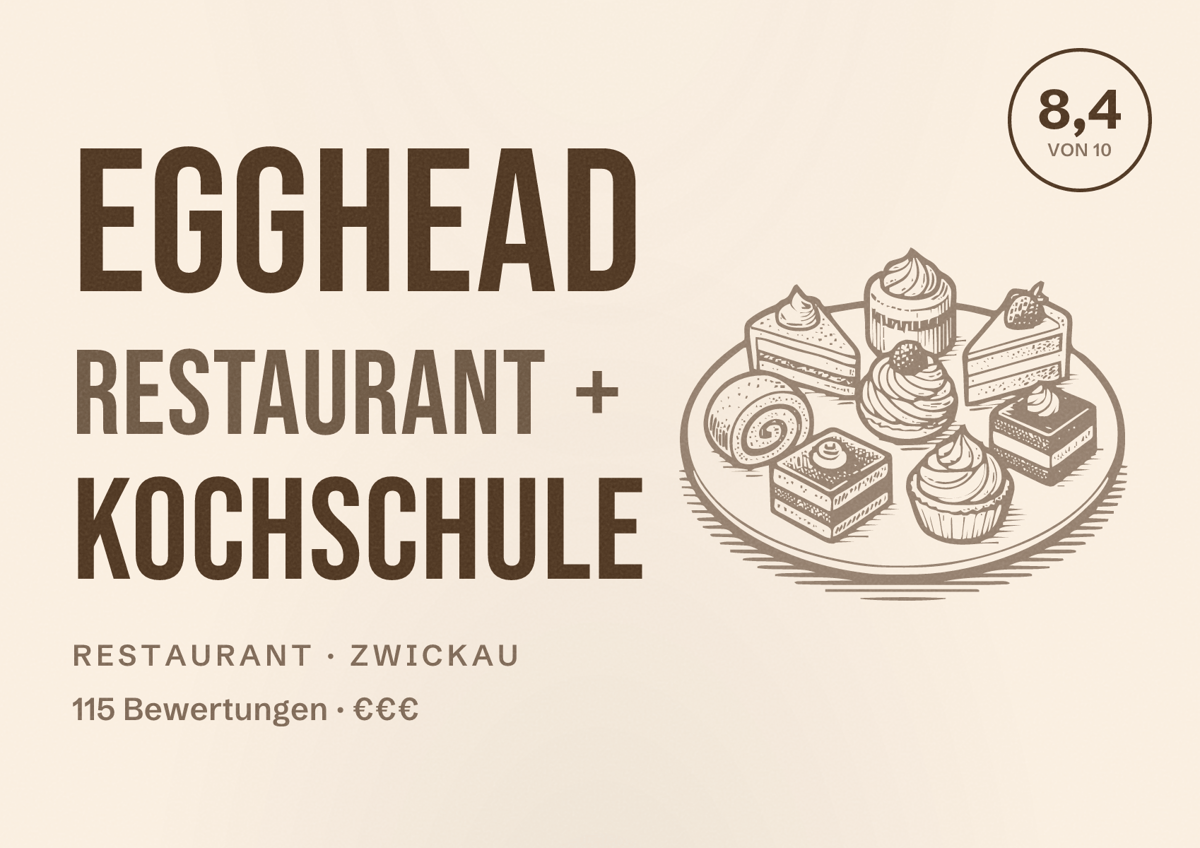 Illustriertes Poster von EGGHEAD Restaurant + Kochschule, Restaurant in Zwickau: Bewertung 8,4 von 10 aus 115 Bewertungen, Preisniveau €€€