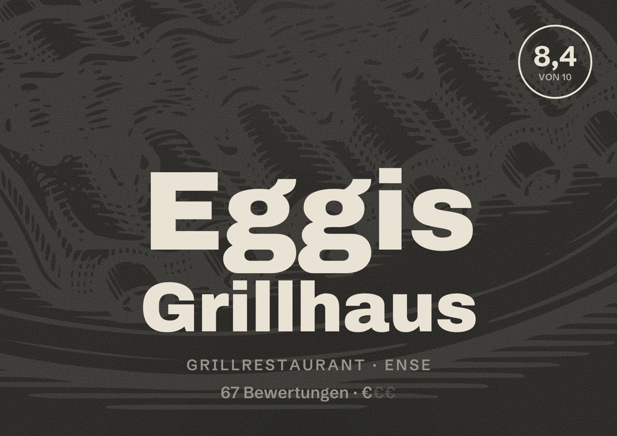 Illustriertes Poster von Eggis Grillhaus, Grillrestaurant in Ense: Bewertung 8,4 von 10 aus 67 Bewertungen, Preisniveau €