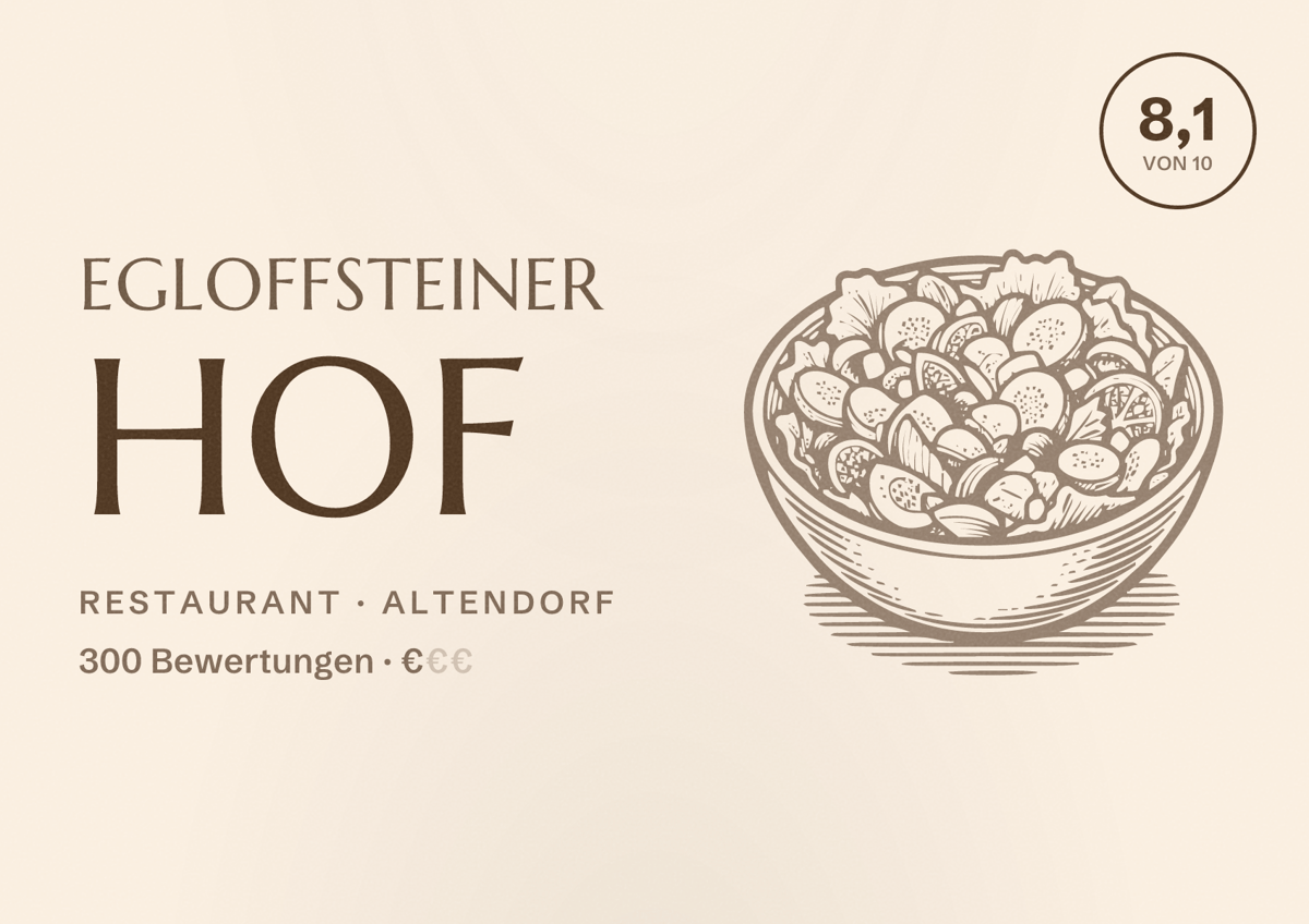 Illustriertes Poster von Egloffsteiner Hof, Restaurant in Altendorf: Bewertung 8,1 von 10 aus 300 Bewertungen, Preisniveau €