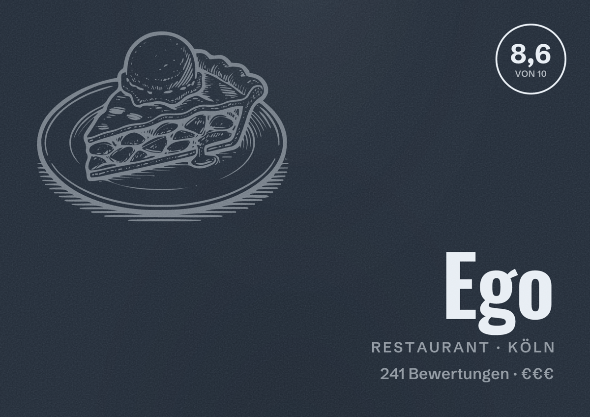 Illustriertes Poster von Ego, Restaurant in Köln: Bewertung 8,6 von 10 aus 241 Bewertungen, Preisniveau €€€