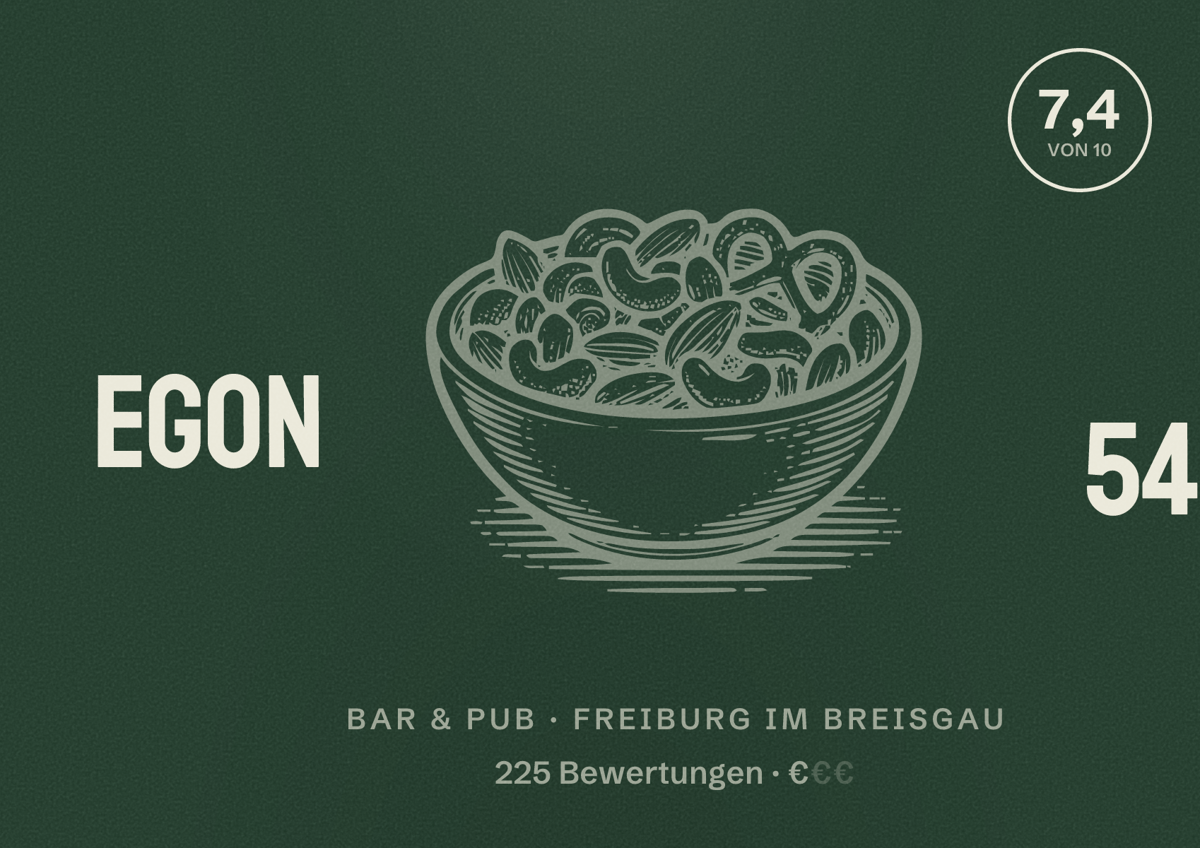 Illustriertes Poster von Egon 54, Bar & Pub in Freiburg im Breisgau: Bewertung 7,4 von 10 aus 225 Bewertungen, Preisniveau €