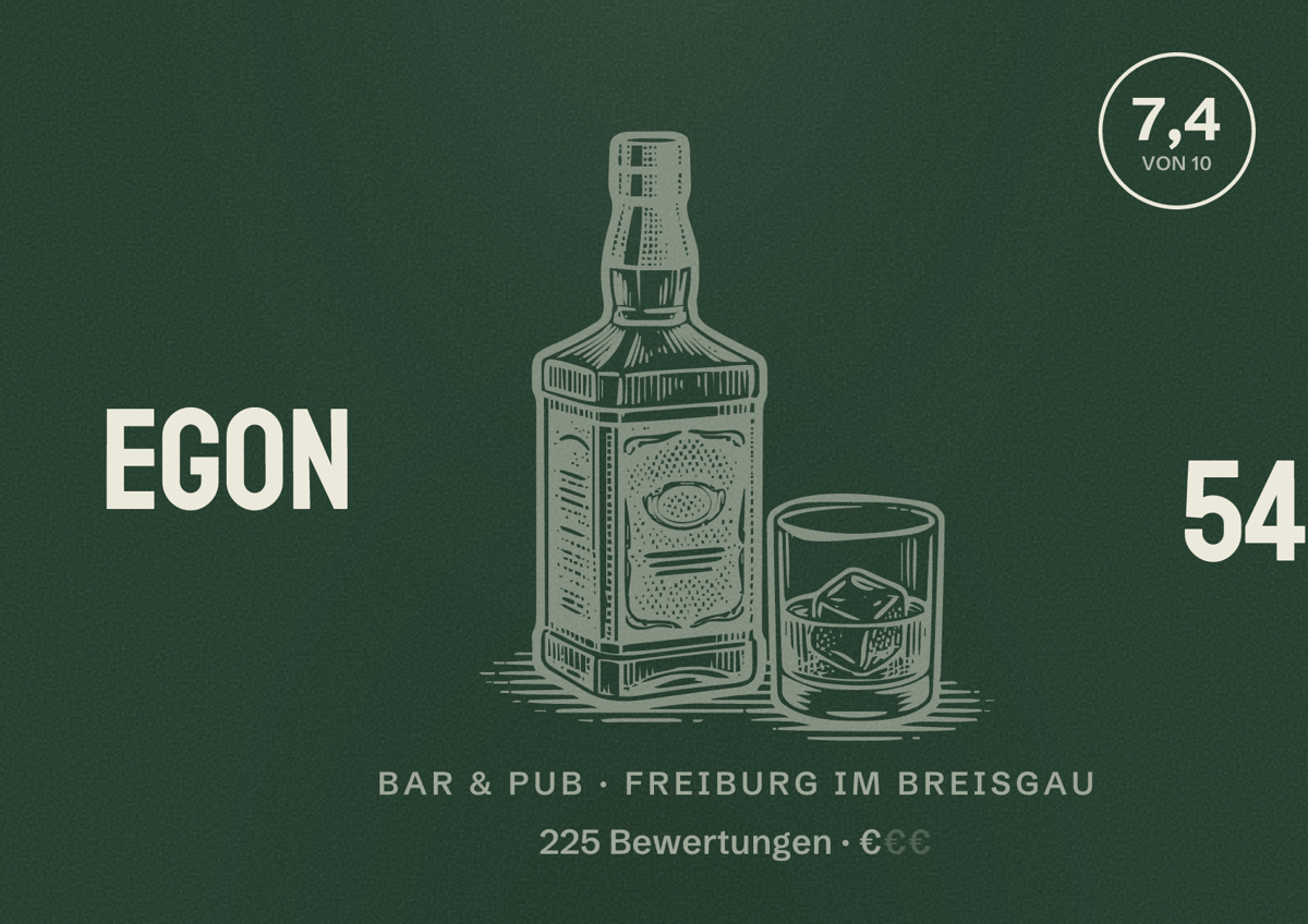 Illustriertes Poster von Egon 54, Bar & Pub in Freiburg im Breisgau: Bewertung 7,4 von 10 aus 225 Bewertungen, Preisniveau €