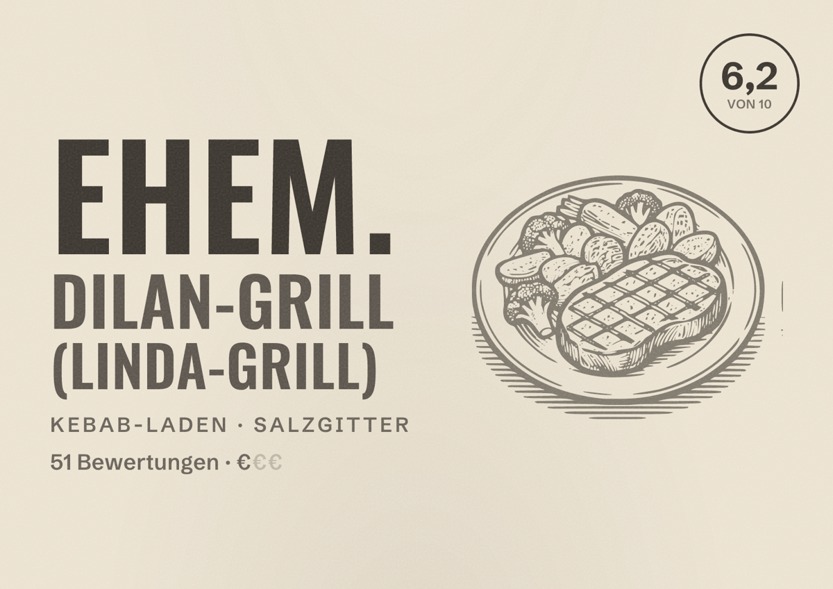 Illustriertes Poster von ehem. Dilan-Grill (Linda-Grill), Kebab-Laden in Salzgitter: Bewertung 6,2 von 10 aus 51 Bewertungen, Preisniveau €