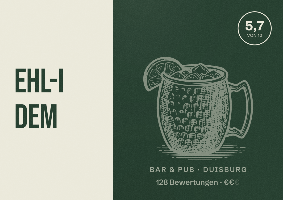 Illustriertes Poster von Ehl-i Dem, Bar & Pub in Duisburg: Bewertung 5,7 von 10 aus 128 Bewertungen, Preisniveau €€