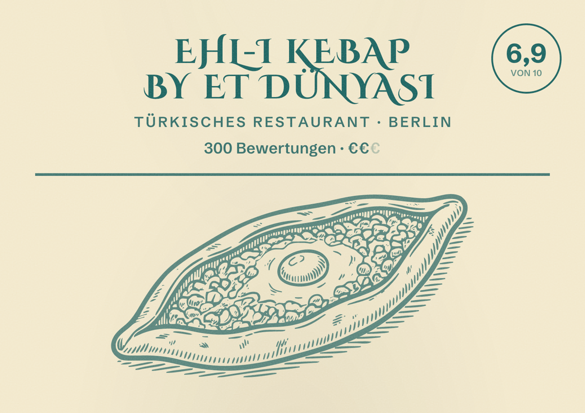 Illustriertes Poster von Ehl-i Kebap by Et Dünyasi, Türkisches Restaurant in Berlin: Bewertung 6,9 von 10 aus 300 Bewertungen, Preisniveau €€