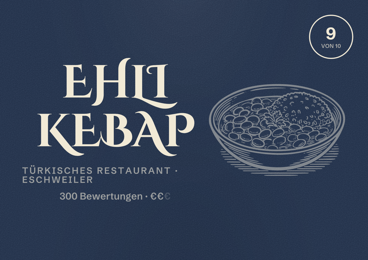 Illustriertes Poster von Ehli Kebap, Türkisches Restaurant in Eschweiler: Bewertung 9 von 10 aus 300 Bewertungen, Preisniveau €€