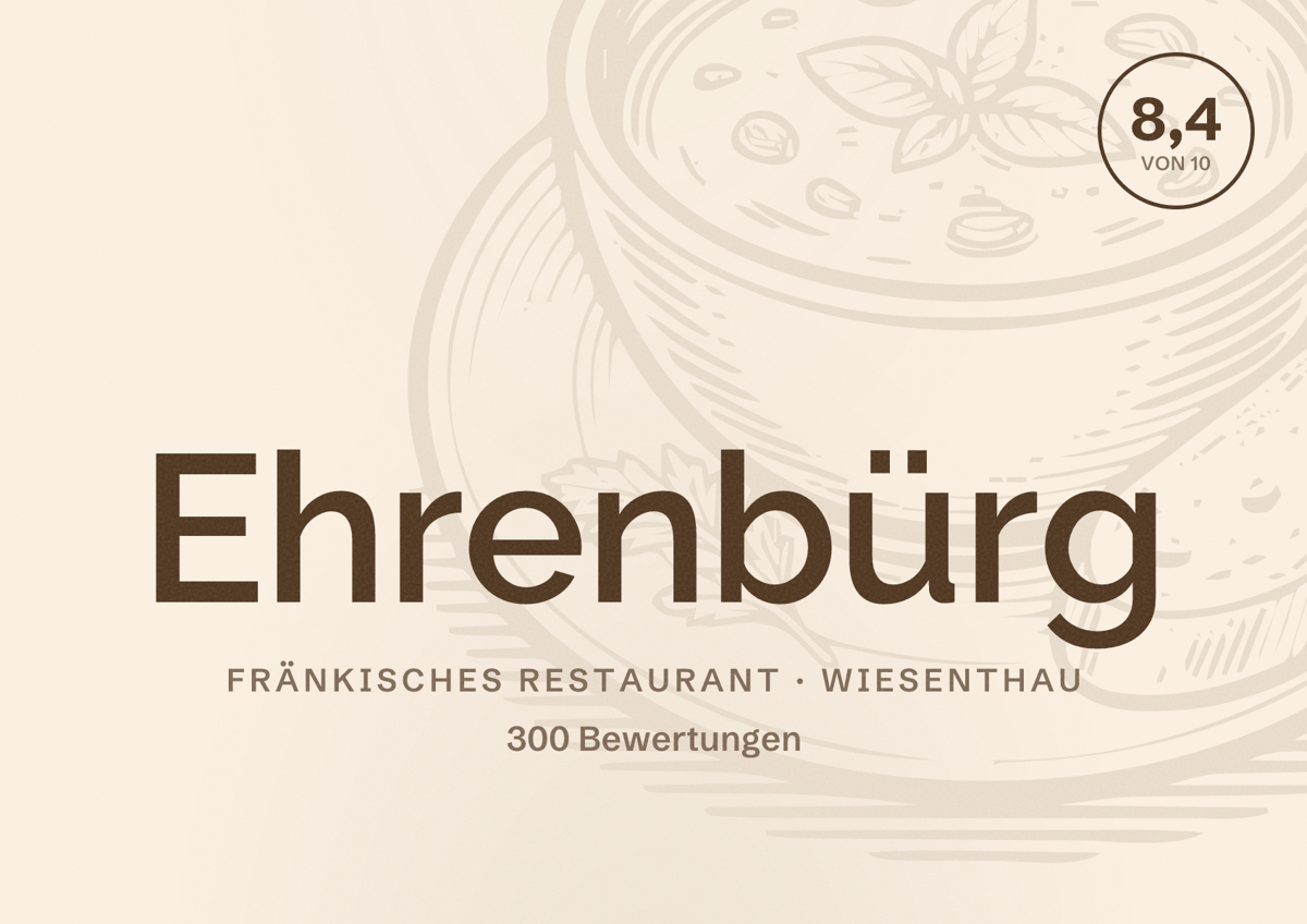 Illustriertes Poster von Ehrenbürg, Fränkisches Restaurant in Wiesenthau: Bewertung 8,4 von 10 aus 300 Bewertungen
