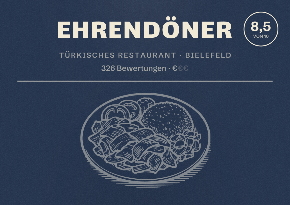 Illustriertes Poster von Ehrendöner, Türkisches Restaurant in Bielefeld: Bewertung 8,5 von 10 aus 326 Bewertungen, Preisniveau €