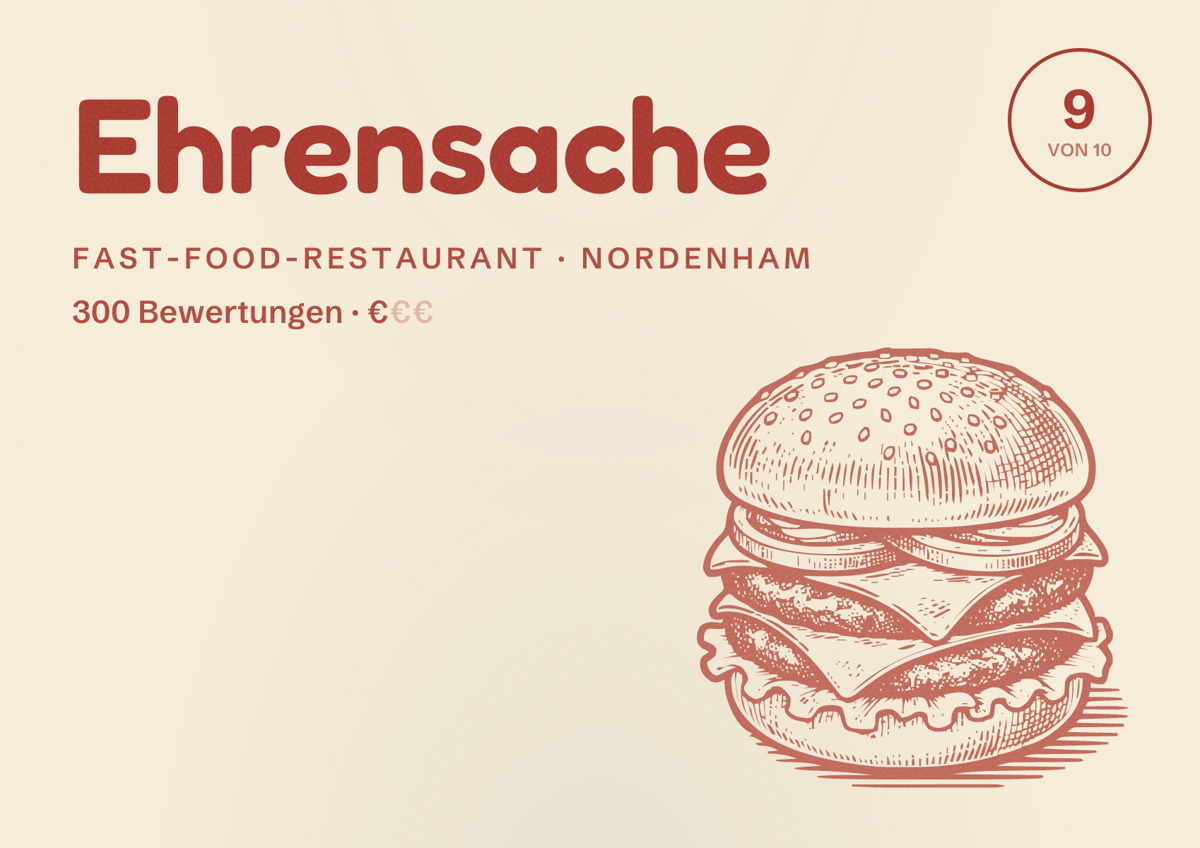 Illustriertes Poster von Ehrensache, Fast-Food-Restaurant in Nordenham: Bewertung 9 von 10 aus 300 Bewertungen, Preisniveau €