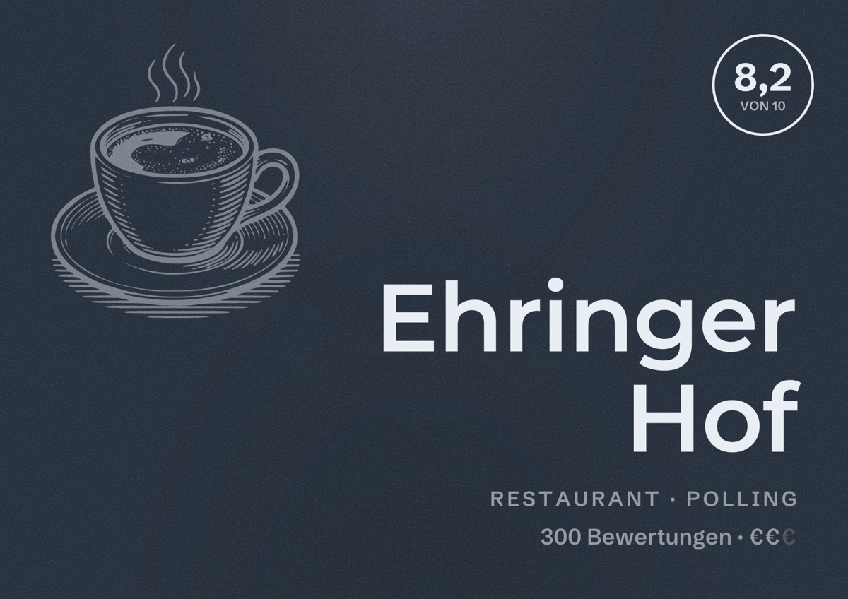 Illustriertes Poster von Ehringer Hof, Restaurant in Polling: Bewertung 8,2 von 10 aus 300 Bewertungen, Preisniveau €€
