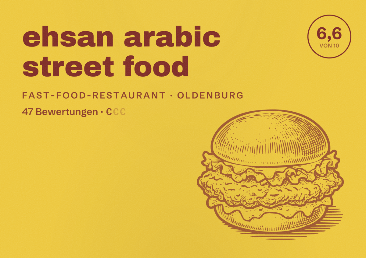 Illustriertes Poster von ehsan arabic street food, Fast-Food-Restaurant in Oldenburg: Bewertung 6,6 von 10 aus 47 Bewertungen, Preisniveau €