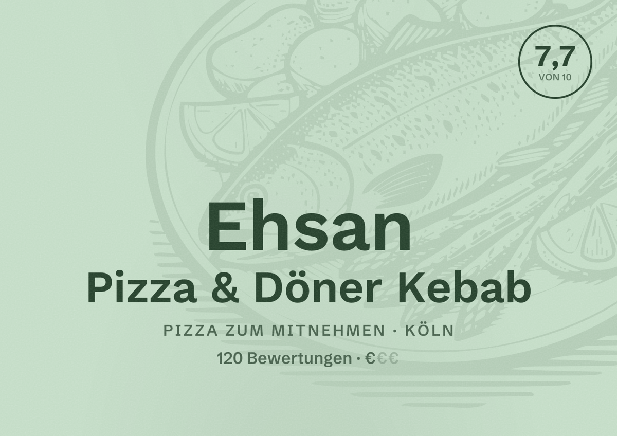Illustriertes Poster von Ehsan Pizza & Döner Kebab, Pizza zum Mitnehmen in Köln: Bewertung 7,7 von 10 aus 120 Bewertungen, Preisniveau €