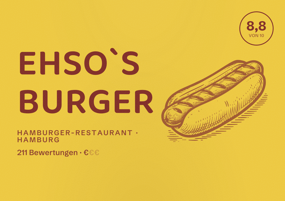Illustriertes Poster von Ehso`s Burger, Hamburger-Restaurant in Hamburg: Bewertung 8,8 von 10 aus 211 Bewertungen, Preisniveau €
