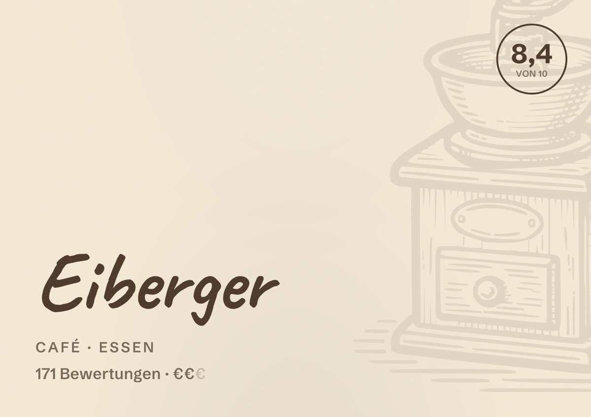 Illustriertes Poster von Eiberger, Café in Essen: Bewertung 8,4 von 10 aus 171 Bewertungen, Preisniveau €€