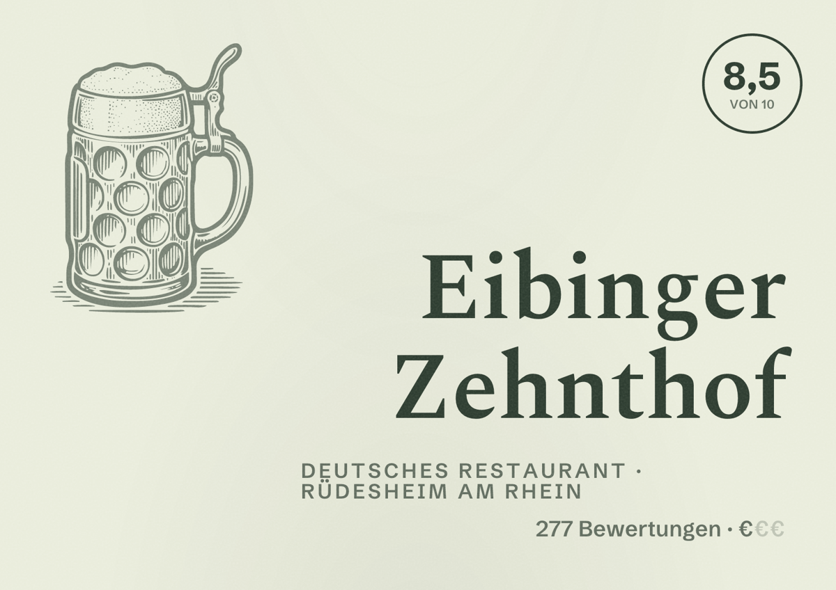 Illustriertes Poster von Eibinger Zehnthof, Deutsches Restaurant in Rüdesheim am Rhein: Bewertung 8,5 von 10 aus 277 Bewertungen, Preisniveau €