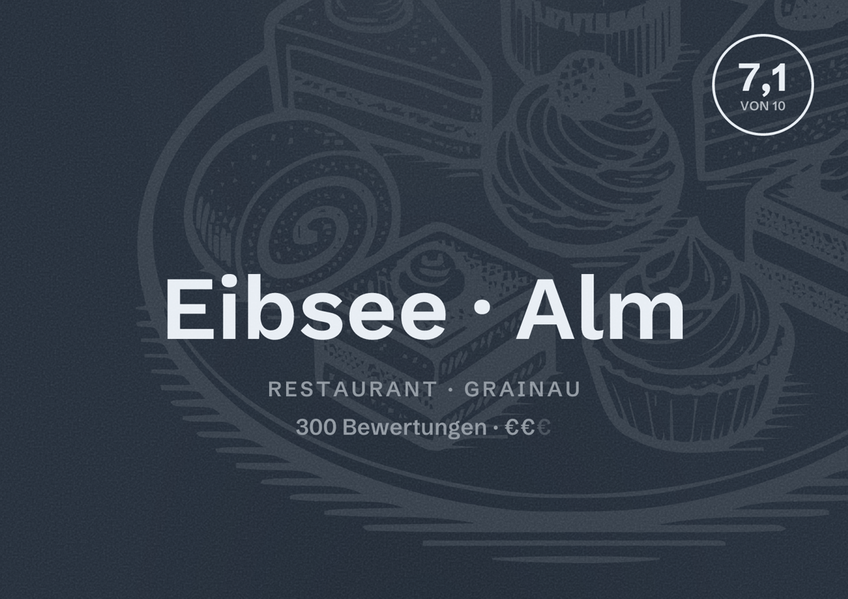 Illustriertes Poster von Eibsee Alm, Restaurant in Grainau: Bewertung 7,1 von 10 aus 300 Bewertungen, Preisniveau €€