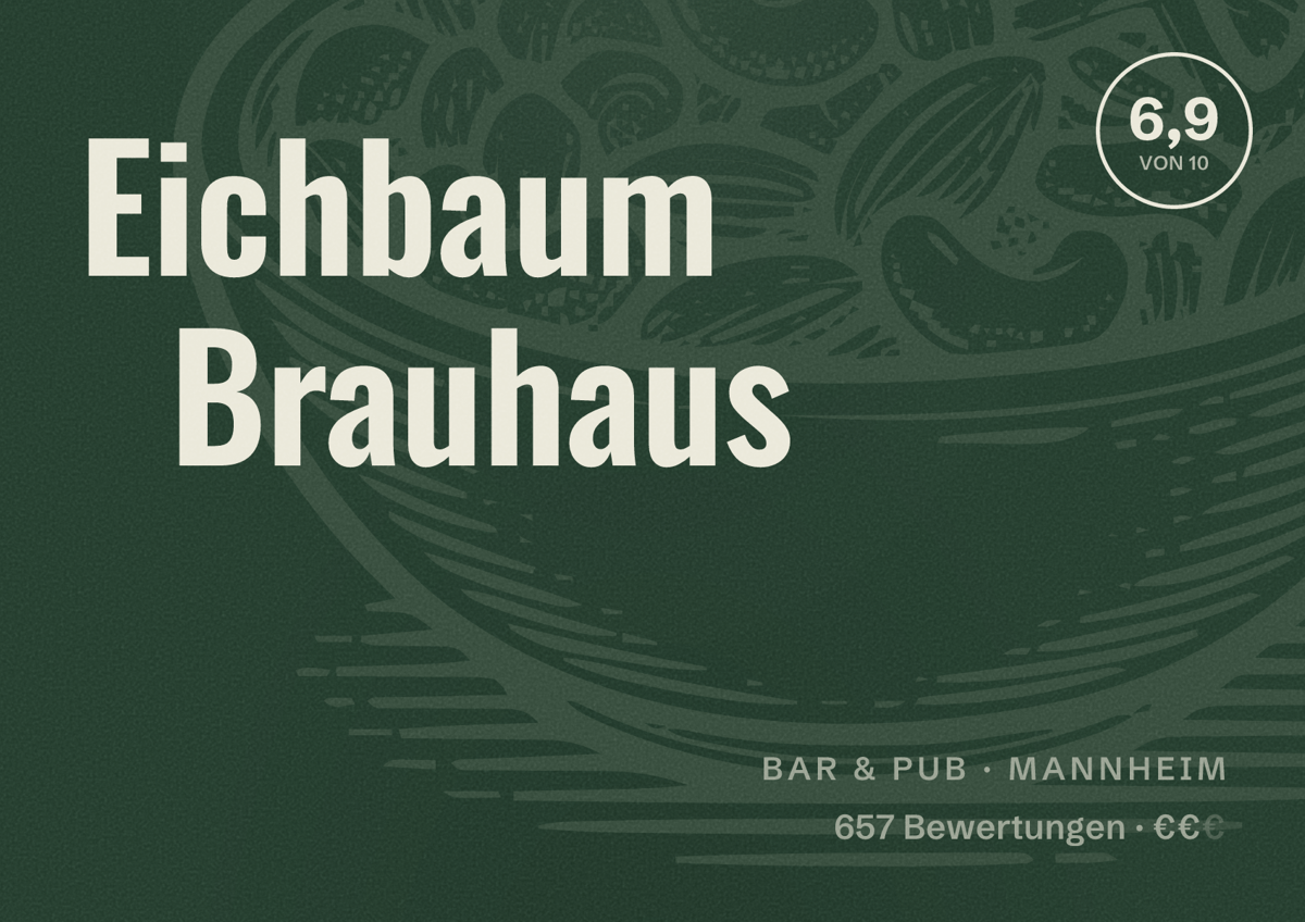 Illustriertes Poster von Eichbaum Brauhaus, Bar & Pub in Mannheim: Bewertung 6,9 von 10 aus 657 Bewertungen, Preisniveau €€