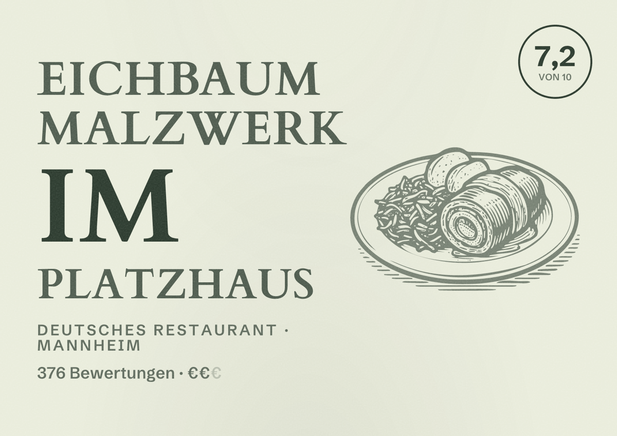 Illustriertes Poster von Eichbaum Malzwerk im Platzhaus, Deutsches Restaurant in Mannheim: Bewertung 7,2 von 10 aus 376 Bewertungen, Preisniveau €€