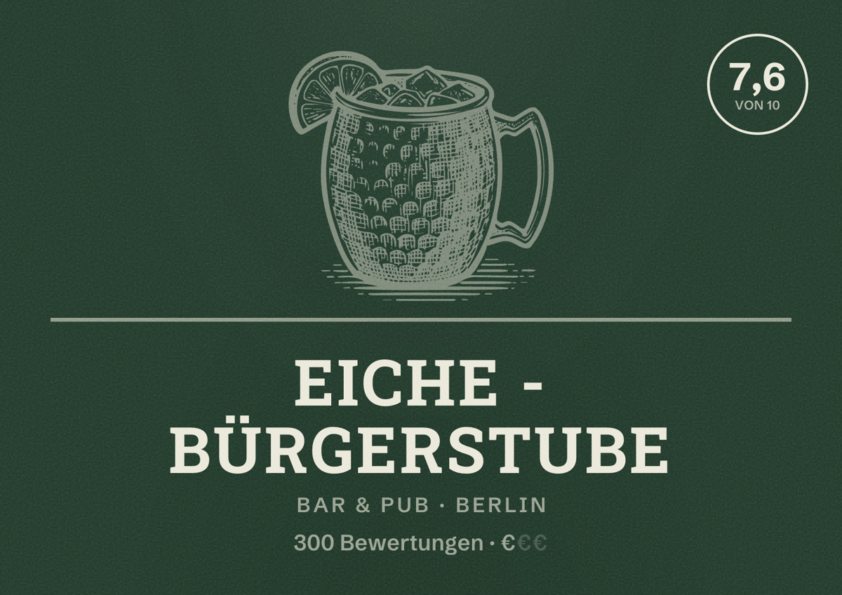 Illustriertes Poster von Eiche - Bürgerstube, Bar & Pub in Berlin: Bewertung 7,6 von 10 aus 300 Bewertungen, Preisniveau €