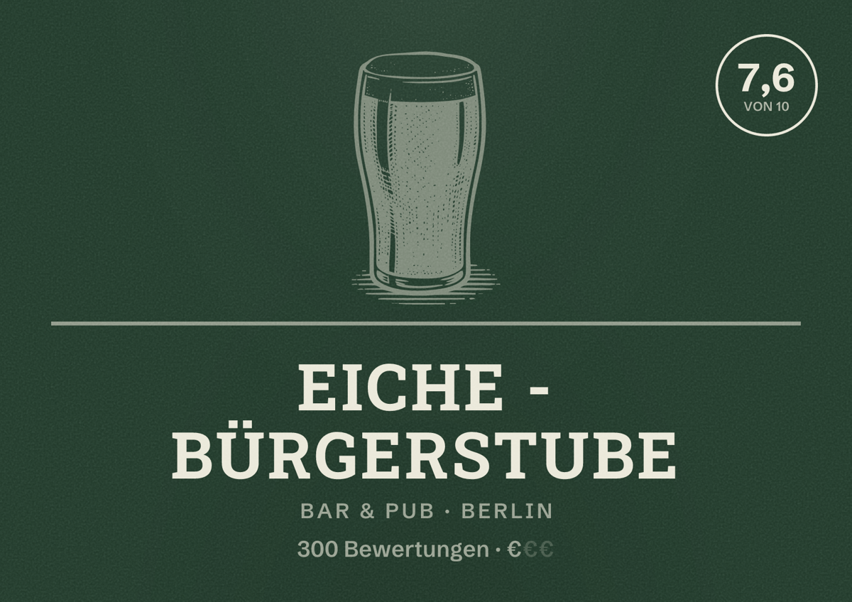 Illustriertes Poster von Eiche - Bürgerstube, Bar & Pub in Berlin: Bewertung 7,6 von 10 aus 300 Bewertungen, Preisniveau €