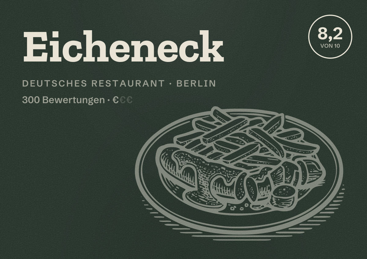 Illustriertes Poster von Eicheneck, Deutsches Restaurant in Berlin: Bewertung 8,2 von 10 aus 300 Bewertungen, Preisniveau €
