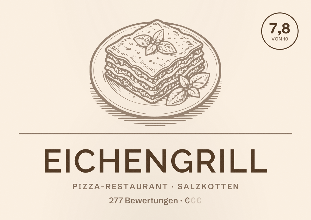 Illustriertes Poster von Eichengrill, Pizza-Restaurant in Salzkotten: Bewertung 7,8 von 10 aus 277 Bewertungen, Preisniveau €