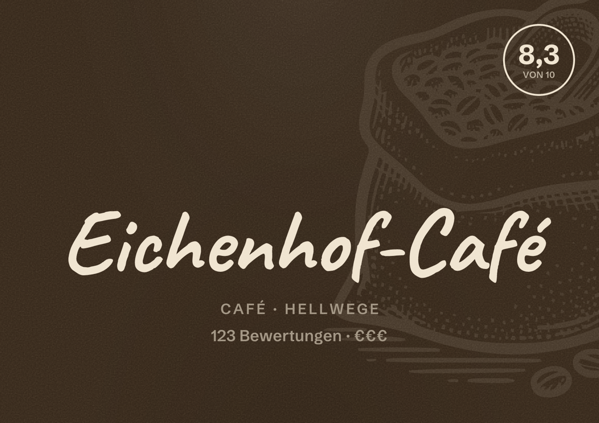 Illustriertes Poster von Eichenhof-Café, Café in Hellwege: Bewertung 8,3 von 10 aus 123 Bewertungen, Preisniveau €€€
