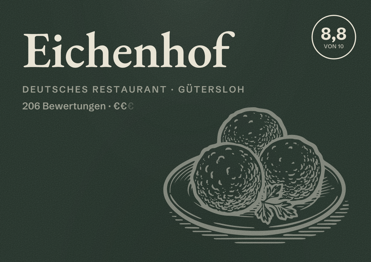 Illustriertes Poster von Eichenhof, Deutsches Restaurant in Gütersloh: Bewertung 8,8 von 10 aus 206 Bewertungen, Preisniveau €€