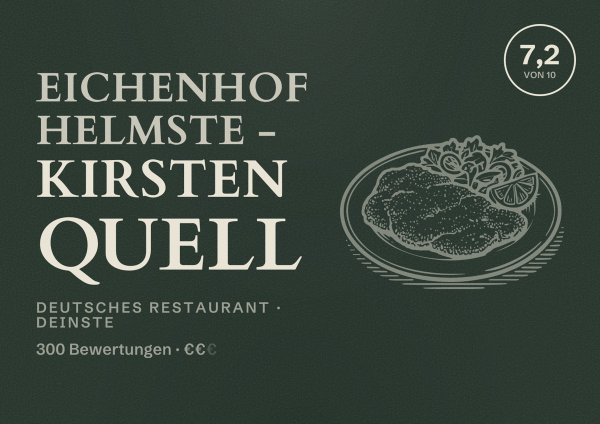 Illustriertes Poster von Eichenhof Helmste - Kirsten Quell, Deutsches Restaurant in Deinste: Bewertung 7,2 von 10 aus 300 Bewertungen, Preisniveau €€