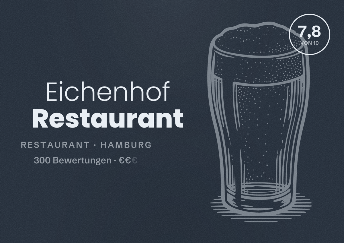 Illustriertes Poster von Eichenhof Restaurant, Restaurant in Hamburg: Bewertung 7,8 von 10 aus 300 Bewertungen, Preisniveau €€