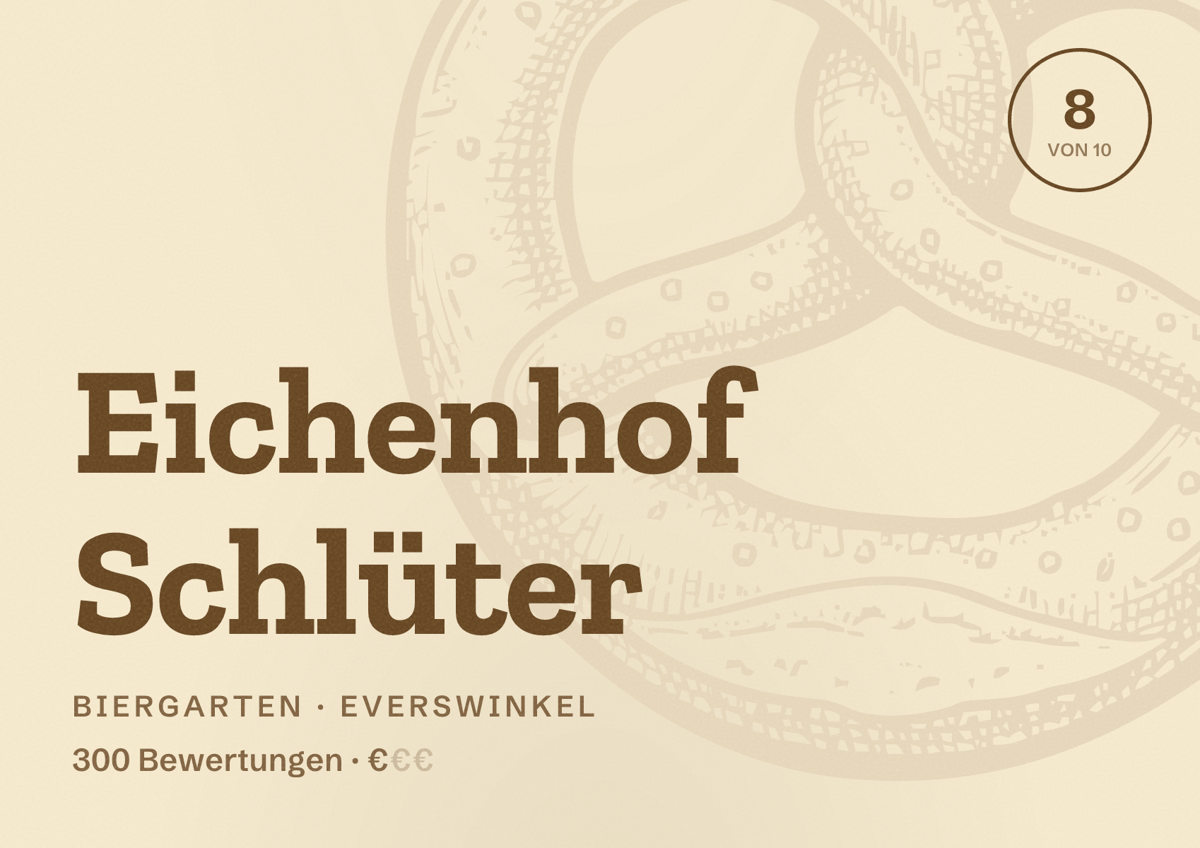 Illustriertes Poster von Eichenhof Schlüter, Biergarten in Everswinkel: Bewertung 8 von 10 aus 300 Bewertungen, Preisniveau €