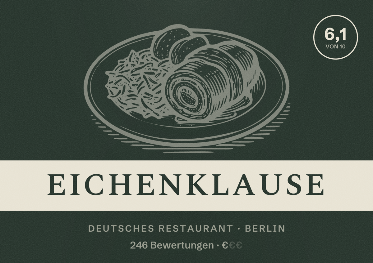 Illustriertes Poster von Eichenklause, Deutsches Restaurant in Berlin: Bewertung 6,1 von 10 aus 246 Bewertungen, Preisniveau €