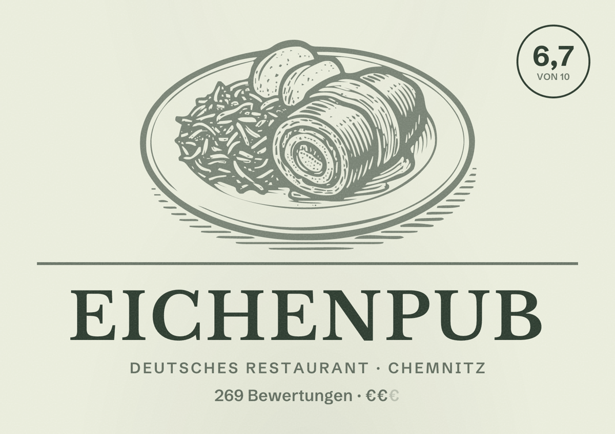 Illustriertes Poster von Eichenpub, Deutsches Restaurant in Chemnitz: Bewertung 6,7 von 10 aus 269 Bewertungen, Preisniveau €€