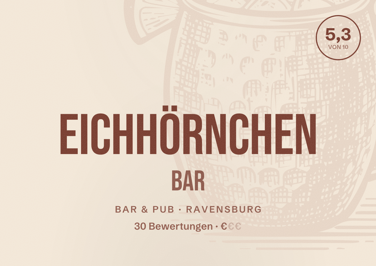 Illustriertes Poster von Eichhörnchen Bar, Bar & Pub in Ravensburg: Bewertung 5,3 von 10 aus 30 Bewertungen, Preisniveau €