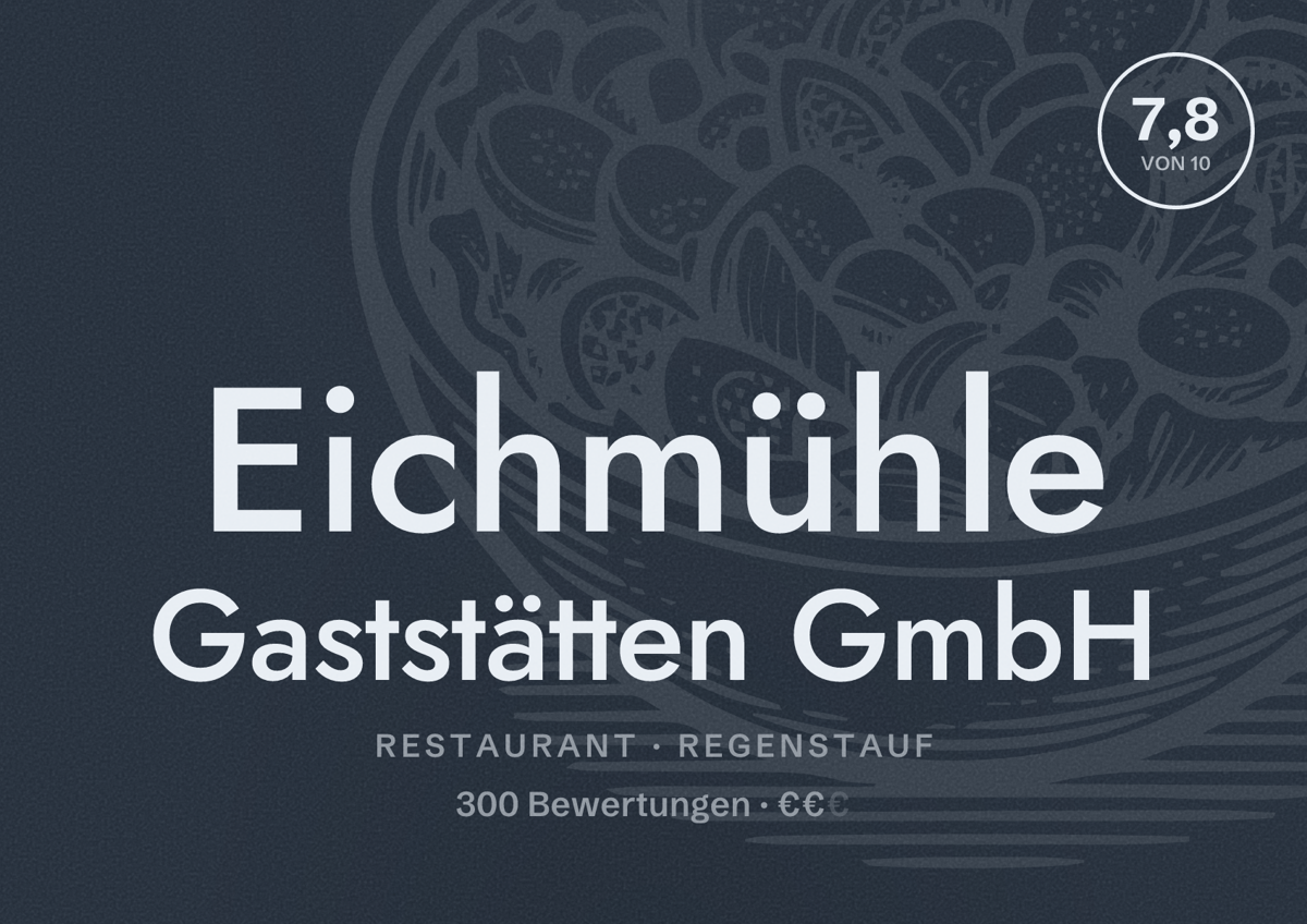 Illustriertes Poster von Eichmühle Gaststätten GmbH, Restaurant in Regenstauf: Bewertung 7,8 von 10 aus 300 Bewertungen, Preisniveau €€