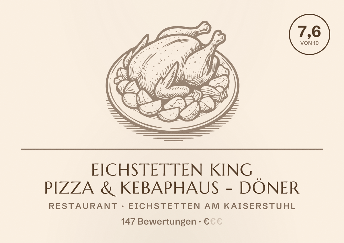 Illustriertes Poster von Eichstetten King Pizza & Kebaphaus - Döner, Restaurant in Eichstetten am Kaiserstuhl: Bewertung 7,6 von 10 aus 147 Bewertungen, Preisniveau €