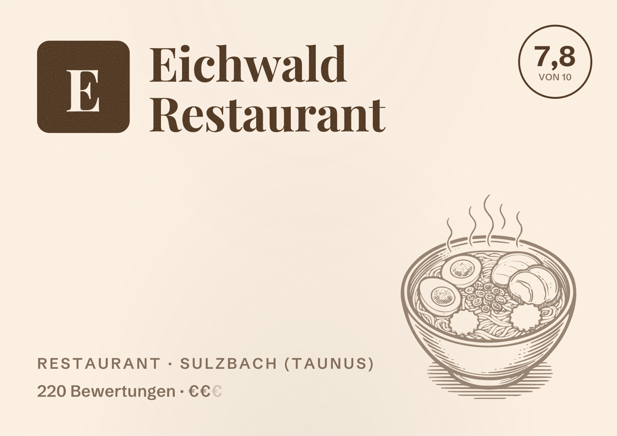 Illustriertes Poster von Eichwald Restaurant, Restaurant in Sulzbach (Taunus): Bewertung 7,8 von 10 aus 220 Bewertungen, Preisniveau €€
