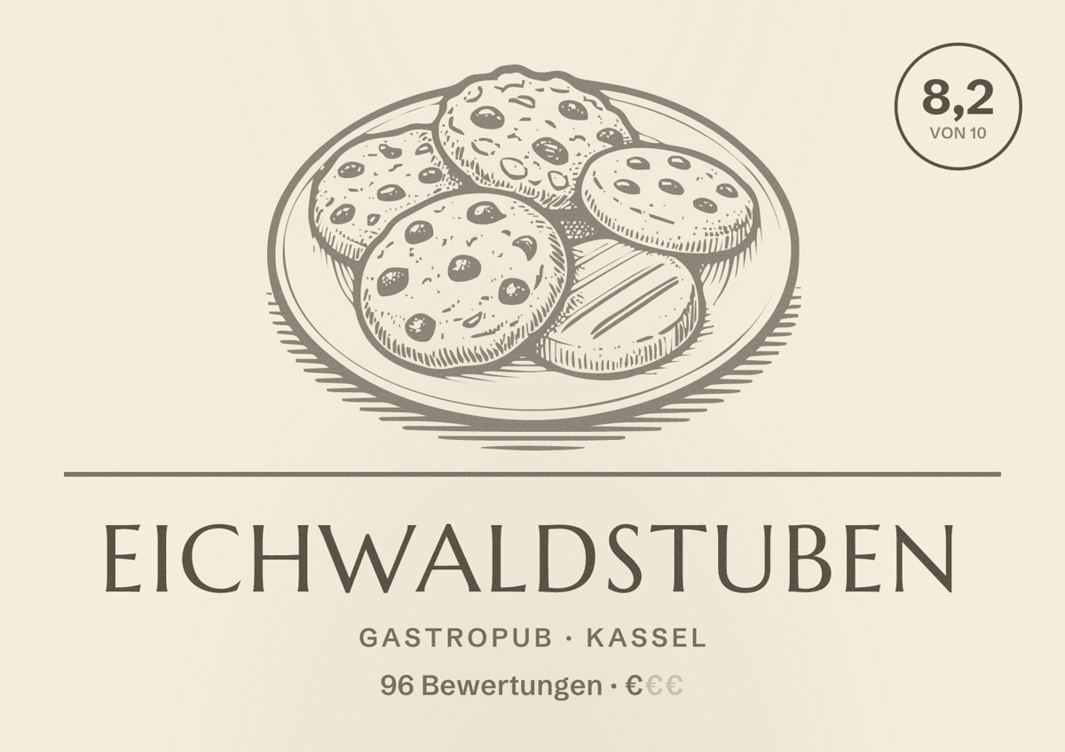 Illustriertes Poster von Eichwaldstuben, Gastropub in Kassel: Bewertung 8,2 von 10 aus 96 Bewertungen, Preisniveau €